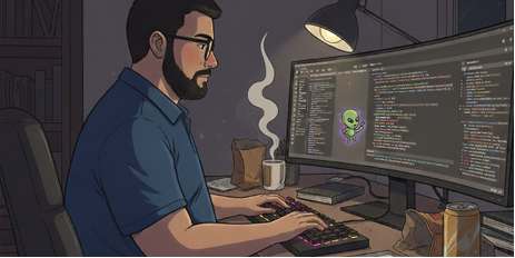 Developer in front of several monitors with code